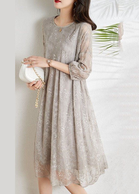 Fashion Light Grey Cinched Embroideried Chiffon Vacation Dresses Three Quarter sleeve