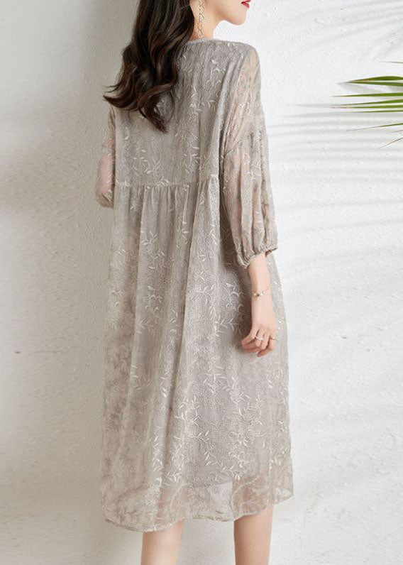 Fashion Light Grey Cinched Embroideried Chiffon Vacation Dresses Three Quarter sleeve